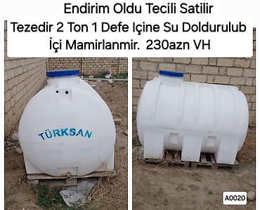 Баки: TÜRKŞAN su çəni – 2000 L (2 ton) tutumlu, plastik, ağ rəngdə. - Üst — 1