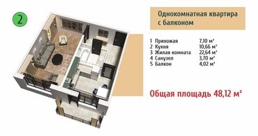1 комната, 48 м², 106 серия улучшенная, 5 этаж, ПСО (под самоотделку)