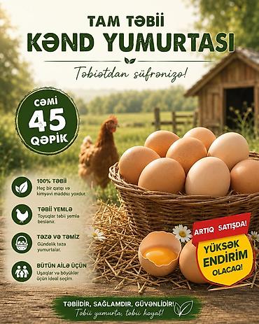 Qida məhsulları: Tam təbii kənd yumurtası Məhsulun xüsusiyyətləri: - 100% təbii: Heç — 1