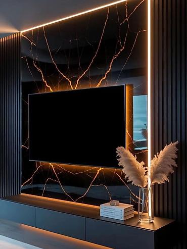 televizor dekoru alcipan: Müasir TV divar paneli və media konsolu dizaynı - Dizayn: Minimal və — 3