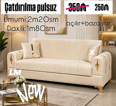 kiçik divanlar: - Model: krem rəngdə, qızılı detallı 3‑yerlik divan - Ölçülər: ümumi 2 — 1