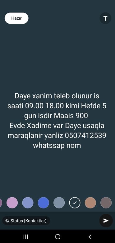 Xadimələr, təmizlikçilər: Dayə tələb olunur, İstənilən yaş, 1-2 illik təcrübə, 1/1