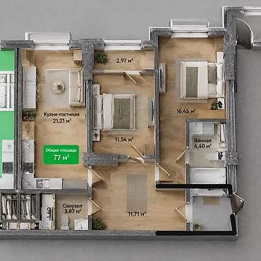 Продажа квартир: 3 комнаты, 77 м², Пишпек 12 этаж, ПСО (под самоотделку) — 11