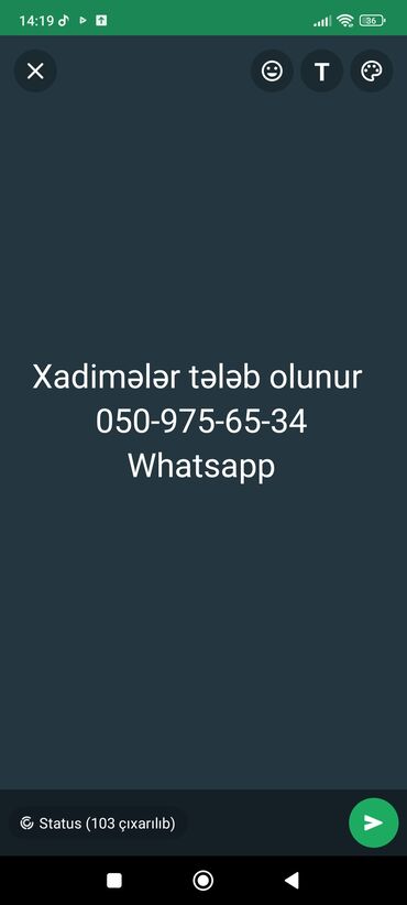 tap az daye teleb olunur: Xadimə tələb olunur, İstənilən yaş, 1 ildən az təcrübə, Dəyişən qrafik, Aylıq ödəniş