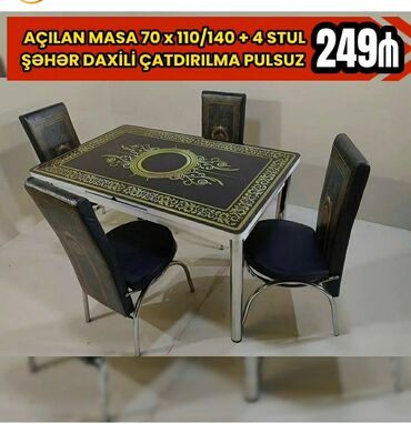 Masalar: Mətbəx üçün, Qonaq otağı üçün, Yeni, Açılan, Dördbucaq masa, 4 stul, Türkiyə