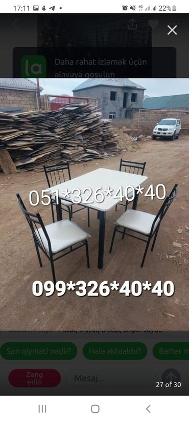 Masa və oturacaq dəstləri: Mətbəx üçün, Yeni, Açılmayan, Kvadrat masa, 4 stul — 25