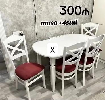 Ağ rəngli yemək otağı dəsti: masa + 4 stul. - Dizayn: oval formalı ağ