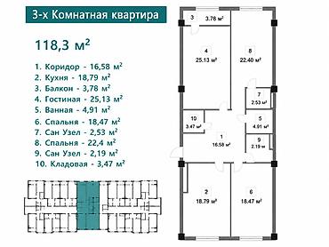 980: 3 комнаты, 118 м², Восток-5 мкр Элитка, 9 этаж, ПСО (под самоотделку) — 2