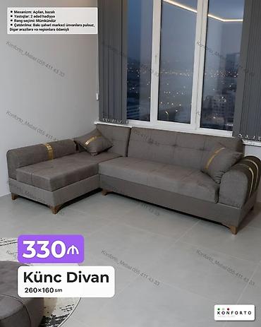 Divanlar: Künc divan – 260×160 sm - Mexanizm: açılan, bazalı (yataq funksiyalı — 1
