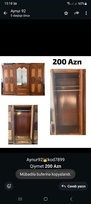 xacmazda tecili satilan evler: Aynur92👑kod7899 Qiymet *200 Azn* Dolab satilir Az istifade olunub