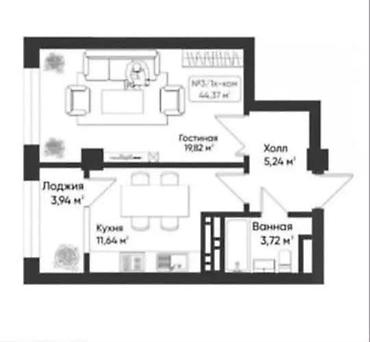 Продажа квартир: 1 комната, 45 м², Тунгуч мкр Элитка, 3 этаж, ПСО (под самоотделку) — 2