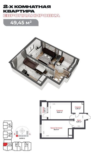 частные дома ош: 2 комнаты, 49 м², Элитка, 13 этаж, ПСО (под самоотделку)