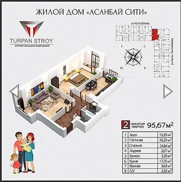 Продажа квартир: 2 комнаты, 95 м², Асанбай мкр Элитка, 12 этаж, ПСО (под самоотделку) — 10