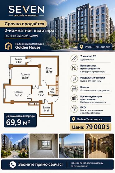 2 комнаты, 69 м², Технопарк Элитка, 7 этаж, ПСО (под самоотделку)