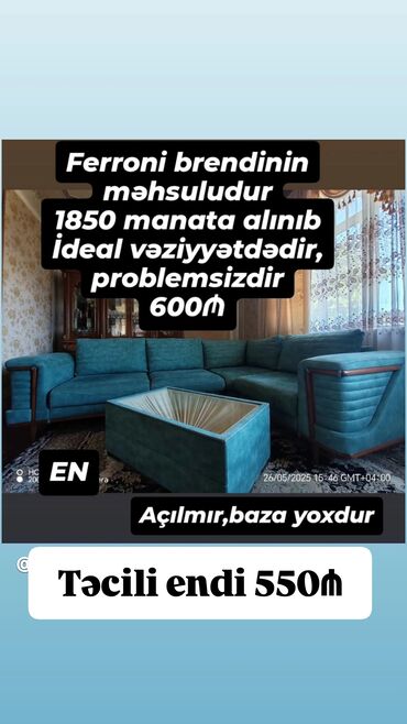 mebellerin satisi: Künc divan, İşlənmiş, Açılmayan, Bazasız, Ödənişli çatdırılma
