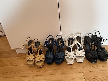 coco chanel perfume: Saint Laurent Paris “Tribute” platform sandal – mavi laklı dəri - — 3