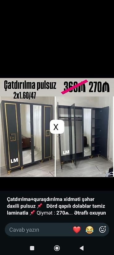 refli: Dörd qapılı geyim dolabı - Ölçü: 2x1.60/47 - Material: təmiz laminat — 1