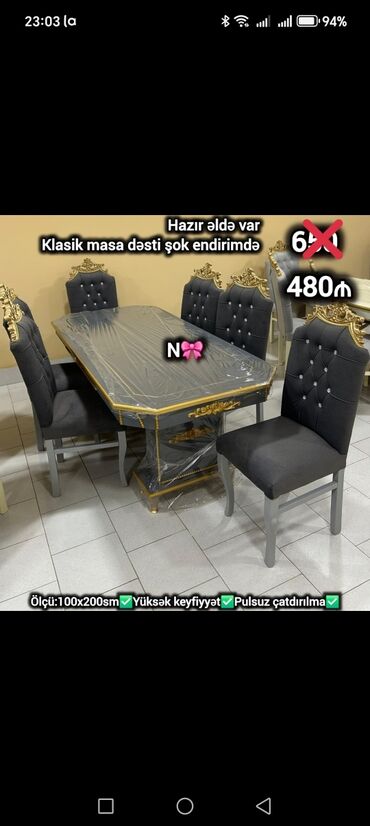 Masalar: Qonaq otağı üçün, Yeni, Dördbucaq masa, 6 stul