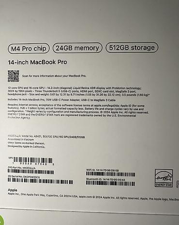 apple m4 pro: Ультрабук, Б/у, Apple M4 Pro, ОЗУ, RAM: 24 ГБ, В рассрочку — 10