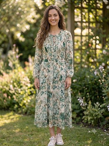 qadın donları: Floral naxışlı midi don - Rəng və naxış: Açıq bej fon üzərində yaşıl — 1