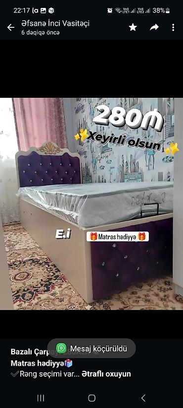 Sifarişlə mebel: *Bazalı Çarpayı 280Azn 💥* *Matras hədiyyə🎁* ✔️Rəng seçimi var Ölçü — 1