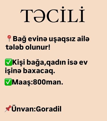 gence iş elanlari 2023: Ev qulluqçusu tələb olunur, 1/1, Təcrübəsiz, Aylıq ödəniş