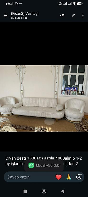 kreslolarin satisi: Divan dəsti 1500azn satılır 4000alınıb 1-2 ay işlənib ünvan Masazır — 1
