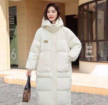 тедди куртка с капюшоном: Пуховик, Длинная модель, Корея, Оверсайз