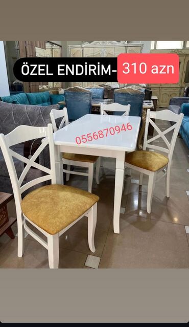 Masa və oturacaq dəstləri: Qonaq otağı üçün, Yeni, Açılan, Dördbucaq masa, 6 stul — 15