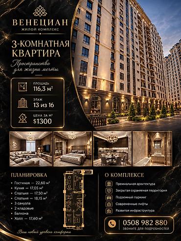 3 комнаты, 116 м², Асанбай мкр Элитка, 13 этаж, ПСО (под самоотделку)