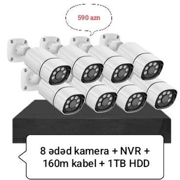 Videomüşahidə: - 8 ədəd İP kamera 3mp - 1 ədəd NVR apparatı - 160 metr LAN kabel (8