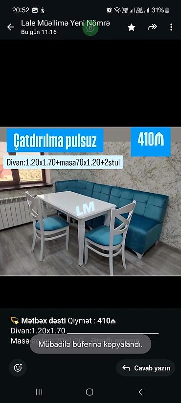 kohnə divan aliram: 💫 *Mətbəx dəsti* Qiymət : *410₼* Divan:1.20x1.70 — 2