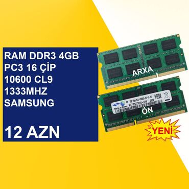 samsun s5: Operativ yaddaş (RAM) Samsung, 4 GB, 1333 Mhz, DDR3, Noutbuk üçün, Yeni