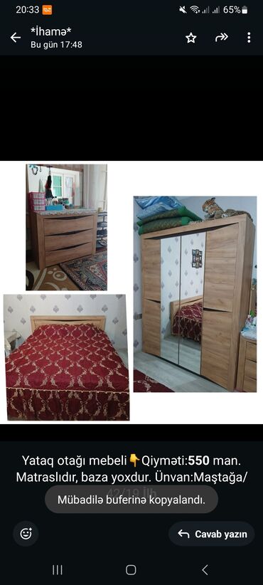 Ev üçün digər mebel: Yataq otağı mebeli👇Qiyməti:*550* man. Matraslıdır, baza yoxdur