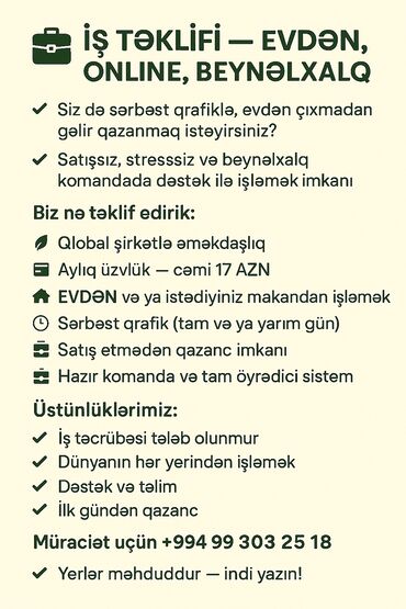 Сфера образования: Evdən, onlayn və beynəlxalq səviyyədə sərbəst qrafiklə gəlir əldə