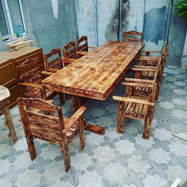 Bağ, çöl masa və oturacaq dəstləri: Yeni, Dördbucaq masa, Açılmayan, Stullar ilə, Taxta, Azərbaycan — 2