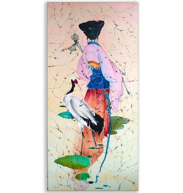 декор цветы: Картина в японском стиле на шелке в технике батик, изображающая