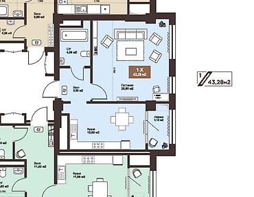 Продажа квартир: 1 комната, 43 м², 7 этаж — 6