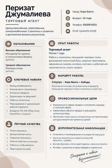 Торговый агент 
маршрут Сокулук БеловодскоеКара-Балта и Каинды