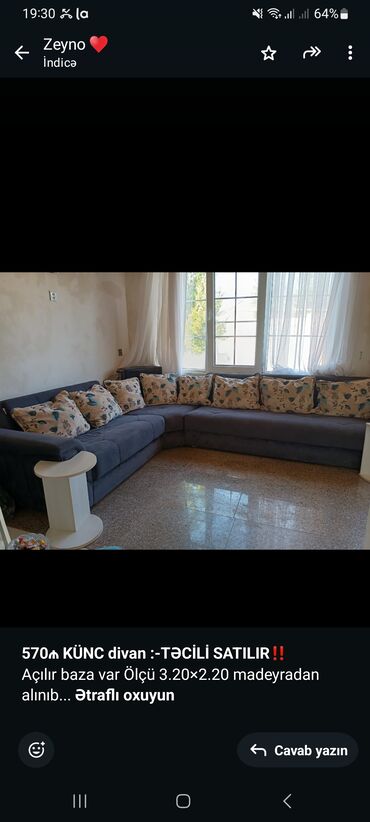 Dolablar: *570₼ KÜNC divan :-TƏCİLİ SATILIR*‼️ Açılır baza var Ölçü 3.20×2.20