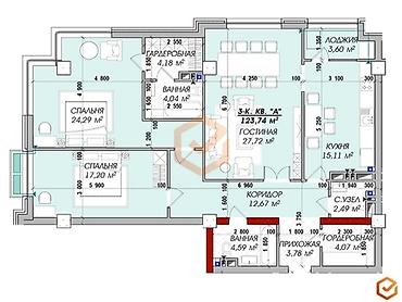 flat osh: 3 комнаты, 124 м², Азия Молл Элитка, 14 этаж, ПСО (под самоотделку) — 2