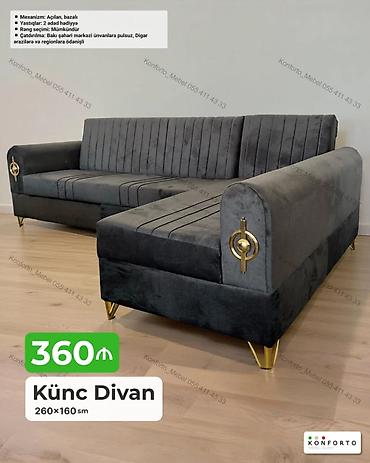Künc Divan – 260×160 sm - Mexanizm: açılan, bazalı (yuxarı qaldırılan