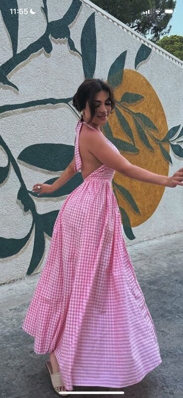 Верхняя одежда: Məhsul: Çəhrayı ağ dama (gingham) naxışlı uzun yay donu - Model
