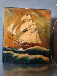 esger sekli: Dəniz mövzusunda əl işi tablo – yelkənli gəmi təsviri - Material