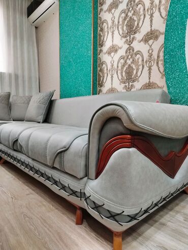 Divan və masa dəstləri: Künc divan dəsti Açılan, bazalı, - Rəng: Açıq boz (boz-yaşıl tonlu) — 16