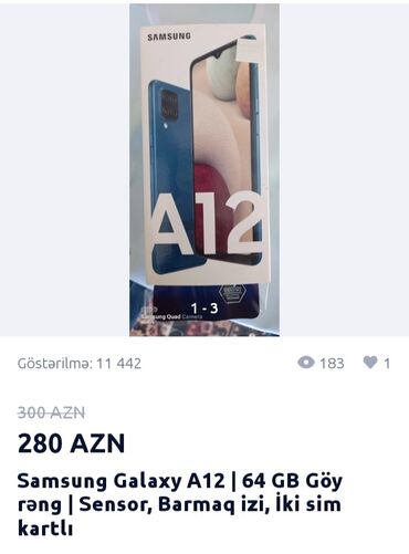 şam ağacı qiymetleri in Azərbaycan | YENI IL AĞACLARI: Samsung Galaxy A12 | 128 GB rəng - Göy | Zəmanət, Barmaq izi