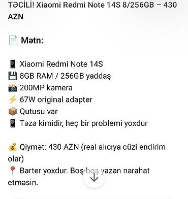 playstation 4 oyun yazilmasi: Redmi Note 14S, 256 GB, rəng - Göy, İki sim kartlı, Barmaq izi — 1