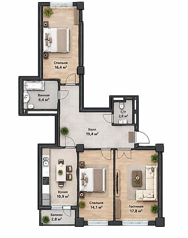3 комнаты, 92 м², Технопарк Элитка, 12 этаж, ПСО (под самоотделку)