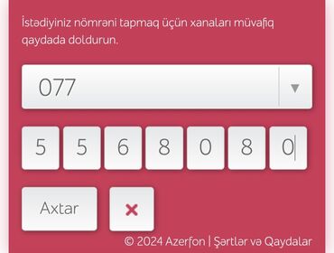 sim nömrə: Nömrə: ( 077 ) ( 5568080 )