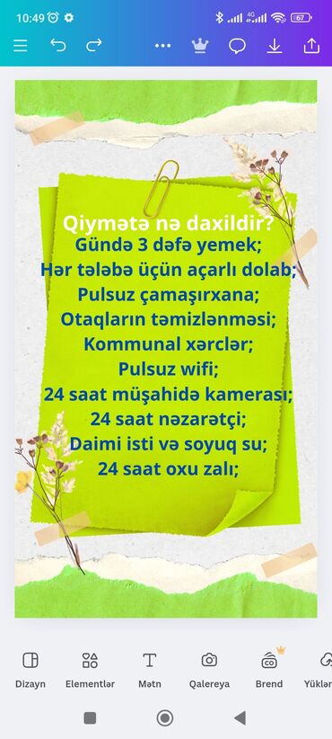 Tədbirlərin təşkili: Bu elan tələbələr üçün yaşayış xidmətləri təklif edir. Qiymətə gündə